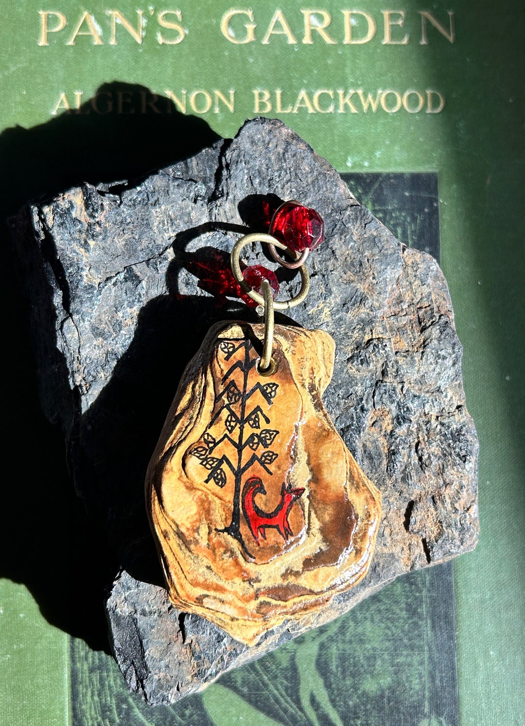 Red Fox & Sacred Pine Cone Tree Diluvial Stone Pendant; Magic ...