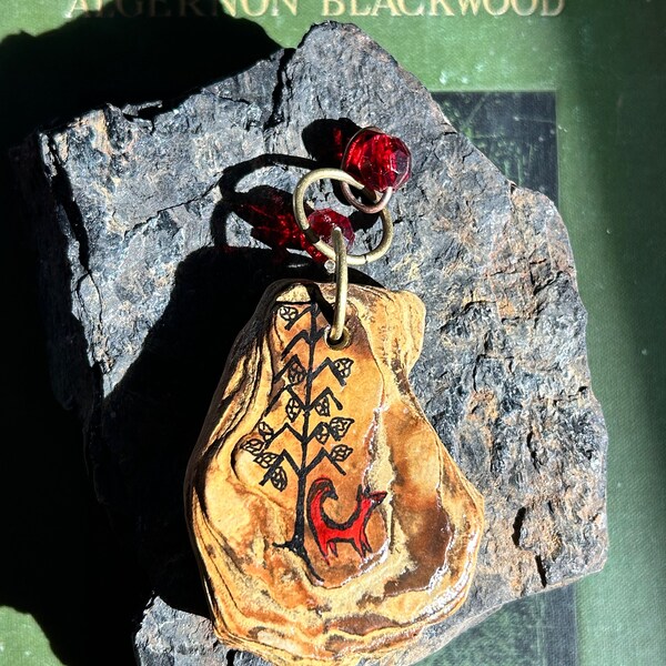 Red Fox & Sacred Pine Cone Tree Diluvial Stone Pendant; Magic; Transformation; Spirit Guide