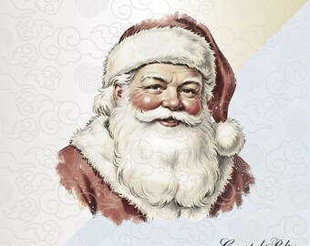 Puede incluir: Ilustración vintage de Papá Noel, con mejillas sonrosadas, una larga barba blanca y un gorro rojo con ribete blanco. La imagen tiene un aspecto suave y texturizado, con un fondo de nubes estilizadas. El texto "Coastal Bliss STUDIOS" está en la esquina inferior derecha.