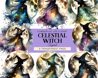 Celestial Witch in Full Moon PNG, Witch Clipart Watercolor Mystical Clipart Digital Clipart Printable For Scrapbook Junk Journal Paper Craft