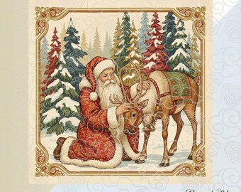 PNG vintage de Papá Noel y renos, diseño navideño retro, PNG para sublimación navideña, PNG digital, PNG navideño, sublimación navideña, Papá Noel retro