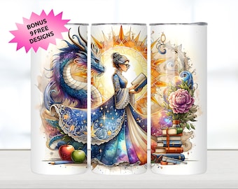 Teacher Tumbler Wrap, Teacher and Dragon 20 oz Skinny Tumbler Sublimation Design Digital Download PNG, Book Lover Tumbler Wrap,