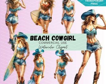 Strand cowgirl clipart, kust cowgirl clipart, digitale PNG, zomer clipart, cowgirl aquarel clipart, westerse clipart, cowgirl zomer