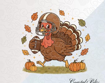 Könnte beinhalten: Cartoon-Illustration einer Pute mit Footballhelm und Football, die über eine Wiese mit Kürbissen rennt. Herbstblätter und Sterne umgeben die Pute. Das Bild hat einen hellen Hintergrund mit einem Logo unten.