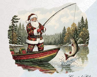 Christmas Fishing Santa, Santa Trout Fishing Camouflage, Santa on Boat Christmas, Santa Fishing PNG, DTF, Sublimation, Outdoors Santa