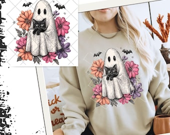 Ghost and Black Cat, Halloween Ghost, Halloween Cat, Cute Ghost Halloween png, Autumn PNG, Halloween png, Fall Shirt png, Black Cat PNG
