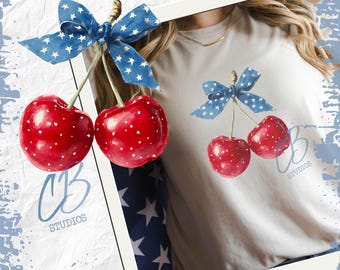 Patriotic Cherries PNG, Cherries Coquette Bow PNG, Patriotic PNG, Patriotic Coquette, Girly Sublimation, Digital Download, American Bow