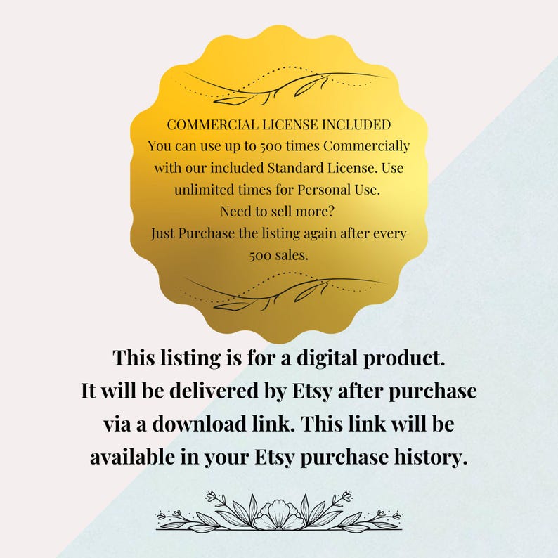 May include: A digital product listing with a gold-colored, scalloped-edged emblem containing text about commercial licensing and usage terms. The listing details delivery via a download link after purchase.
