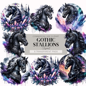 May include: A collection of eight digital illustrations featuring black gothic stallions. Each image showcases a horse with intricate details, surrounded by crystals, castles, and watercolor effects. The text reads "Gothic Stallions Clipart, 8 Transparent PNGs."