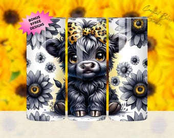 Black and White Highland Cow Sunflower Sublimation Tumbler Wrap PNG, Cute Baby Highland Cow,  SunFlowers. Skinny Tumbler Sublimation Design