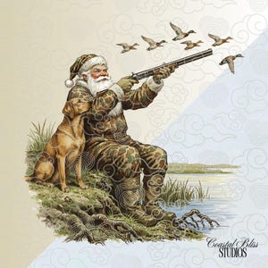 Könnte beinhalten: Illustration von Santa Claus in Tarn-Jagdkleidung, der mit einer Schrotflinte auf eine Gruppe von Enten zielt. Ein brauner Hund sitzt neben ihm. Die Szene spielt sich in der Nähe von Wasser ab, mit hellem Hintergrund.