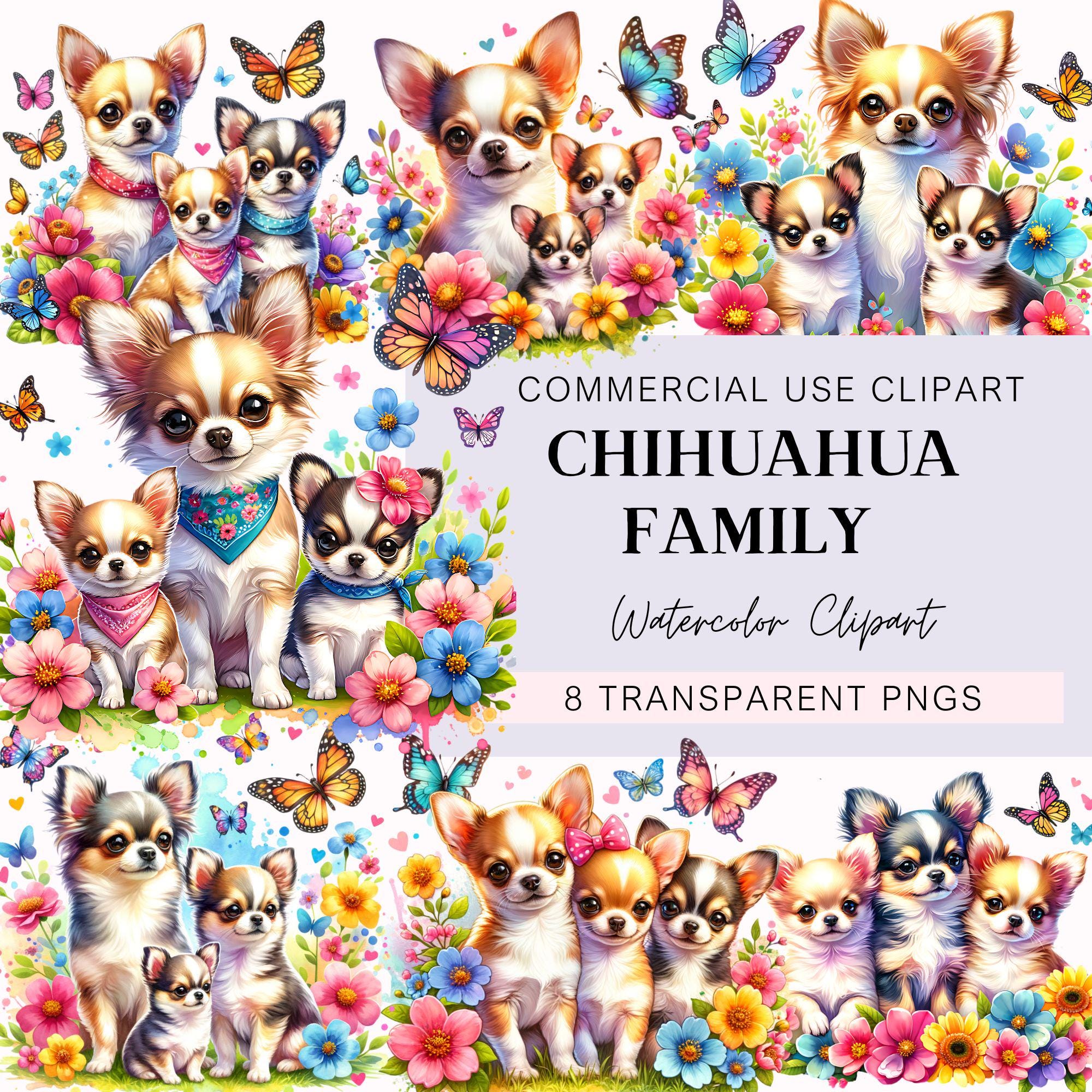 Chihuahuas Family Clipart, Dog Family Clipart, Watercolor Chihuahuas, Mom and Baby Chihuahua Family, PNG, Mother's Day PNG, Dog Lover PNG