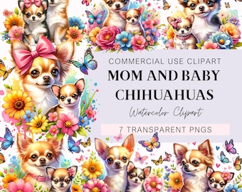 Mom and Baby Chihuahuas Clipart, Dog Family Clipart, Watercolor Chihuahuas, Chihuahua Family, Digital PNG, Mother&#39;s Day PNG, Dog Lover PNG