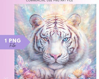 Beautiful White Tiger PNG, White Tiger Digital Art, Tiger, Mythical Tiger, Fantasy Art Decor, Printable Art, Celestial Decor, Crystal Tiger