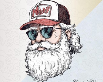 May include: Illustration of Santa Claus wearing a red and white baseball cap with the word "Merry" and sunglasses. Santa has a long white beard and mustache. The image is a digital illustration with a vintage style.