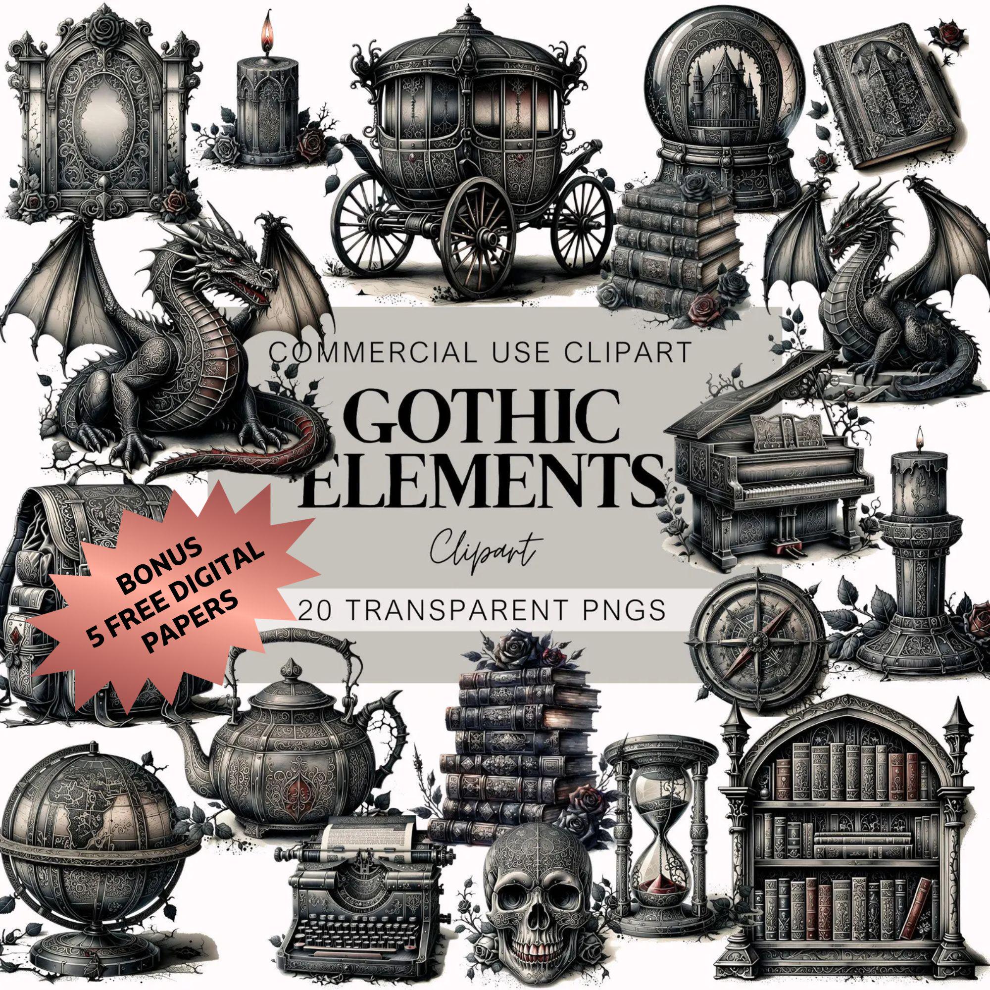 Gothic Elements Clipart, Medieval Elements Clipart, Gothic Clipart, Dragon PNG, Academia PNG, Gothic Book Clipart Png, Goth Dark Clipart