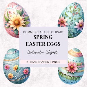Watercolor Spring Easter Eggs Clipart, Transparent PNGs, Easter Bunny Basket, Artful Easter Eggs, Flora Decorated Easter Egg Clipart, Easter