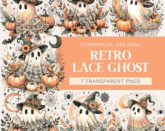 Retro Halloween Lace Ghost PNG, Halloween Ghost Bundle, PNG Bundle, Sublimation, Cute Ghost, Halloween Ghost, Lace Ghost, Vintage Ghost, PNG