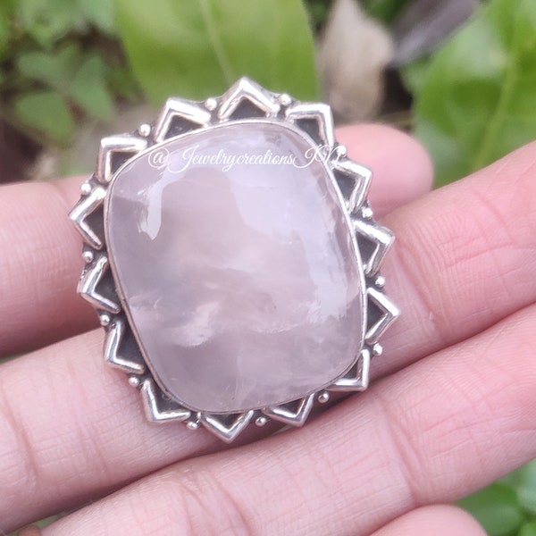 Bague en quartz rose, argent sterling 925, grande bague de pierres précieuses, bague de pierre de naissance, bijoux en Quartz Rose naturel,