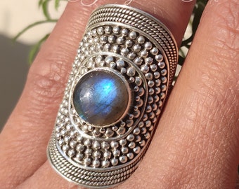 Labradorite Ring,925 Sterling Silver Ring,Handmade Ring,Blue Labradorite,Bohemian Ring,Healing Crystal,Designer Ring,Wide Band,Gift For Wife