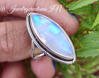 Rainbow Moonstone Ring,Marquise Cab Sterling Silver,Blue Flash,June Birthstone,Healing Crystal,Cocktail Ring,Gift For Her,Charm Moonstone