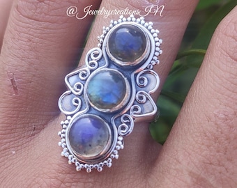 Labradorite Ring,92.5% Sterling Silver,Blue Fire Stone Ring,Long Ring,Dainty Ring,Statement Ring,Natural Labradorite Jewelry,Artisan Jewelry