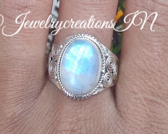 Natural Moonstone Ring,Sterling Silver Ring,Healing Ring,Blue Flashy Ring,Designer Ring,Promise Ring,June Birthday,Filigree Ring,Bridal Gift