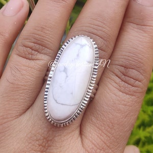 White Howlite Ring,925 Sterling Silver,Long Ring,Promise Ring,Dainty Ring,White Turquoise Jewelry,Bridal Ring,Gift For Her,Wide Band Ring