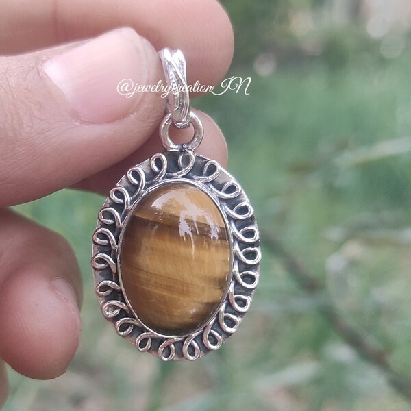 Tiger Eye Pendant,92.5% Sterling Silver,Healing Pendant,Anxiety Pendant,Statement Pendant,Artisan Pendant,Boho Pendant,Best Gift For Women