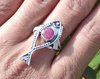 Ruby Ring,Sterling Silver Ring,Fish Shape Ring,Antique Design,Dainty Ring,Promise Ring,July Birthstone,Ruby Gemstone Jewelry,Gift For Her