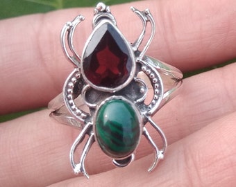 Bague en malachite et grenat, 92,5% en argent sterling, bague de déclaration, Design Unique, bague en pierres précieuses naturelles, bague à