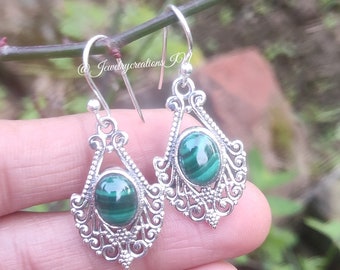 Malachite Earring,925 Sterling Silver,Boho Earring,Drop Earring,Green Malachite Earring,Bridal Earring,Trendy Bohemian Jewelry,Gift For Her