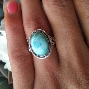 Natural Larimar Ring, Sterling Silver Ring, Statement Ring, Dominican Larimar, Boho Ring, March Birthday, Bridesmaid Gift,Designer Ring Gift