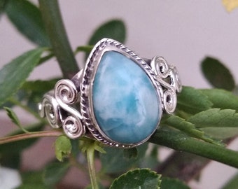 Natural Larimar Ring, Sterling Silver Ring, Statement Ring, Dominican Larimar, Boho Ring, March Birthday, Bridesmaid Gift,Designer Ring Gift