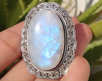 Rainbow Moonstone Ring, 925 Silver Ring,June Birthstone,Large Stone Ring,Boho Ring,Statement Ring,Cocktail Ring,Deep Blue Flash,Gift For Her