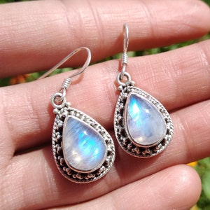 Rainbow Moonstone Earring,Sterling Silver,June Birthday,Floral Earring,Dangle Earring,Bohemian Earrings,Bridal Earring,Valentine's Day Gift image 1