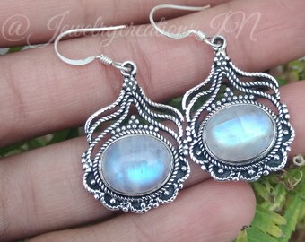Rainbow Moonstone Earring,Sterling Silver,June Birthday,Classic Elegant Dangle Earring,Vintage Earring,Bridal Gift,Boho Earring,Gift For Her