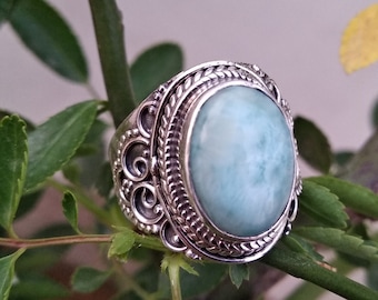 Natural Larimar Ring, Sterling Silver Ring, Statement Ring, Dominican Larimar, Boho Ring, March Birthday, Bridesmaid Gift,Designer Ring Gift