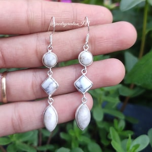 White Howlite Earrings,925 Sterling Silver,Dangle & Drop Earrings,Long Handmade Earring,White Buffalo Jewelry,Boho Earring,Best Gift For Her