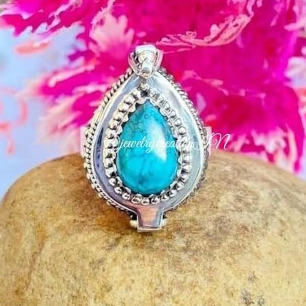 Turquoise Ring,925 Sterling Silver,Blue Turquoise Poison Box Ring,Statement Ring,Handmade Ring,Love Message Box Ring,Best Gift For Her,Boho