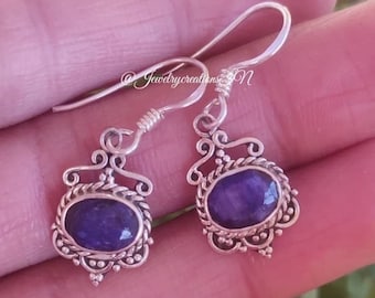 Boucle d'oreille de saphir,925 argent sterling, boucle d'oreille de goutte, boucle d'oreille bleue de saphir, boucle d'oreille de demoiselle