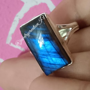 Anillo de labradorita natural, plata de ley 925, anillo de fuego azul, anillo de plata hecho a mano, anillo de lágrima, boho, anillo de cura
