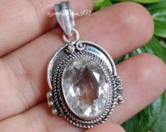 Natural Crystal Quartz Pendant,925 Sterling Silver,Handmade Pendant,Clear Crystal Quartz Pendant,Faceted Gemstone,Vintage Pendant,Gift Her