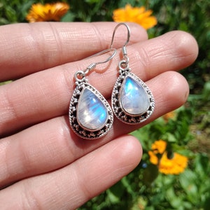 Rainbow Moonstone Earring,Sterling Silver,June Birthday,Floral Earring,Dangle Earring,Bohemian Earrings,Bridal Earring,Valentine's Day Gift image 2