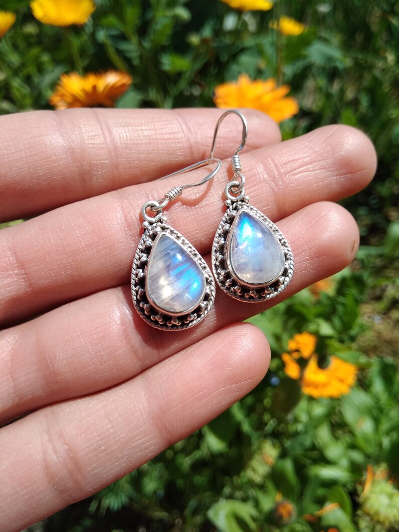 Rainbow Moonstone Earring,Sterling Silver,June Birthday,Floral Earring,Dangle Earring,Bohemian Earrings,Bridal Earring,Valentine's Day Gift image 2