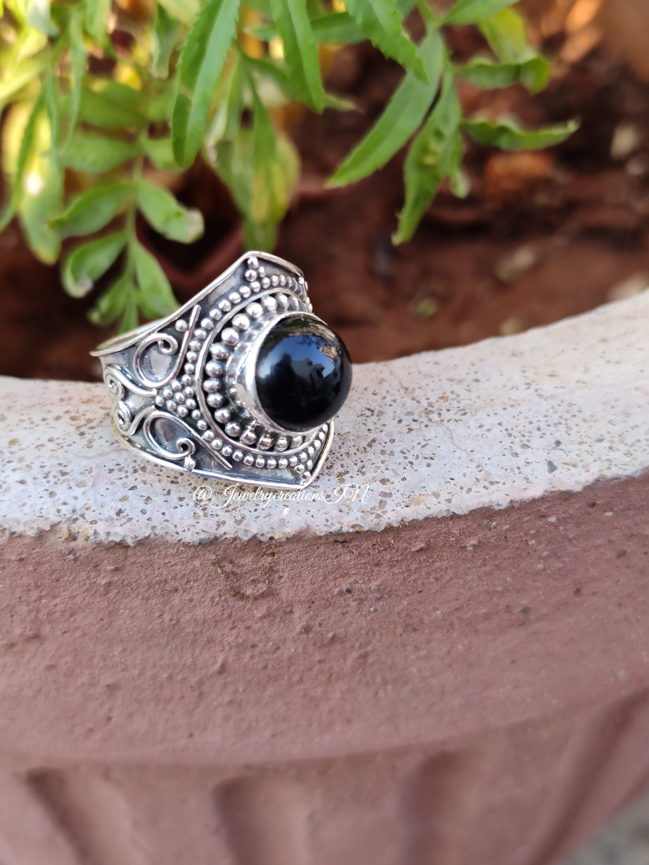 Buy Black Onyx Ring Sterling Silver Wide Band Ring Statement Online in ...
