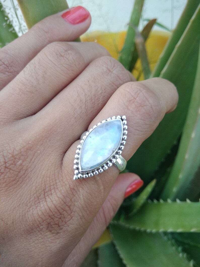 Rainbow Moonstone RingMarquise Cab Sterling SilverBlue image 0