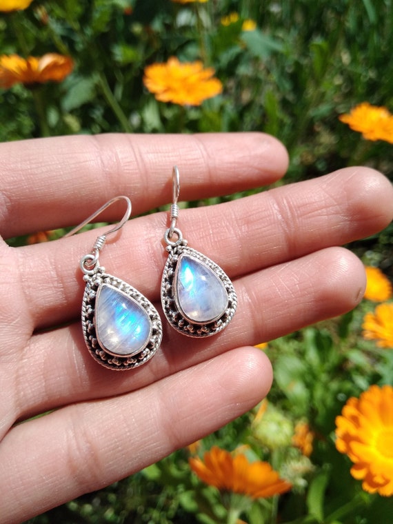 Rainbow Moonstone Sterling Silver Earrings: Handmade Dangle Jewelry