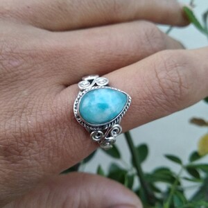 Natural Larimar Ring, Sterling Silver Ring, Statement Ring, Dominican Larimar, Boho Ring, March Birthday, Bridesmaid Gift,Designer Ring Gift image 2