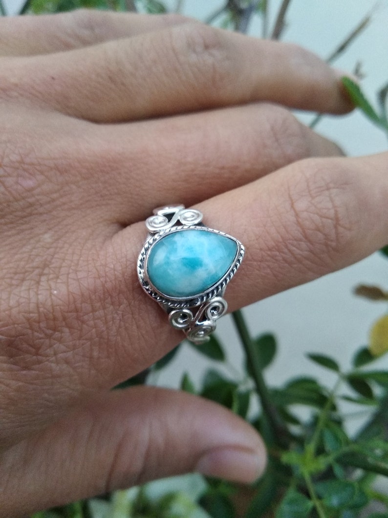 Natural Larimar Ring, Sterling Silver Ring, Statement Ring, Dominican Larimar, Boho Ring, March Birthday, Bridesmaid Gift,Designer Ring Gift image 2